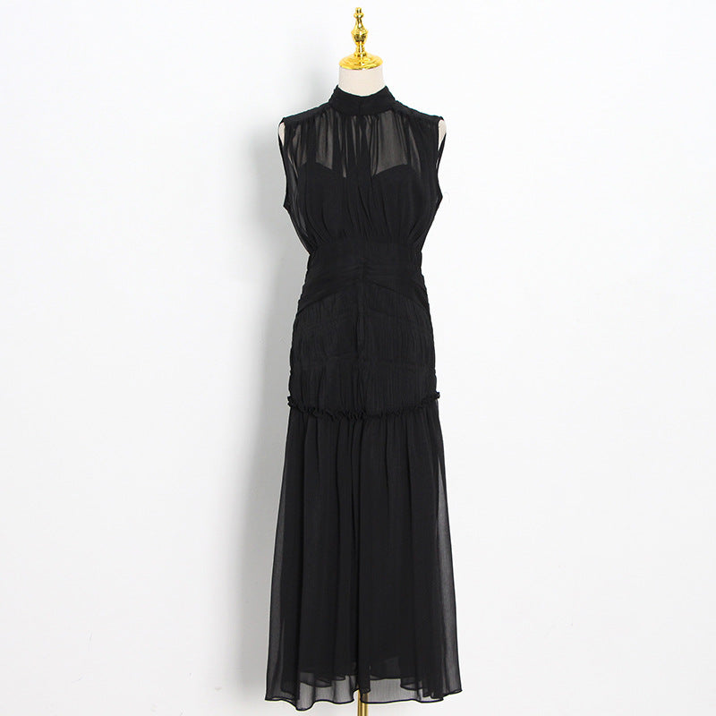 Fold Sleeveless Solid Color Dress