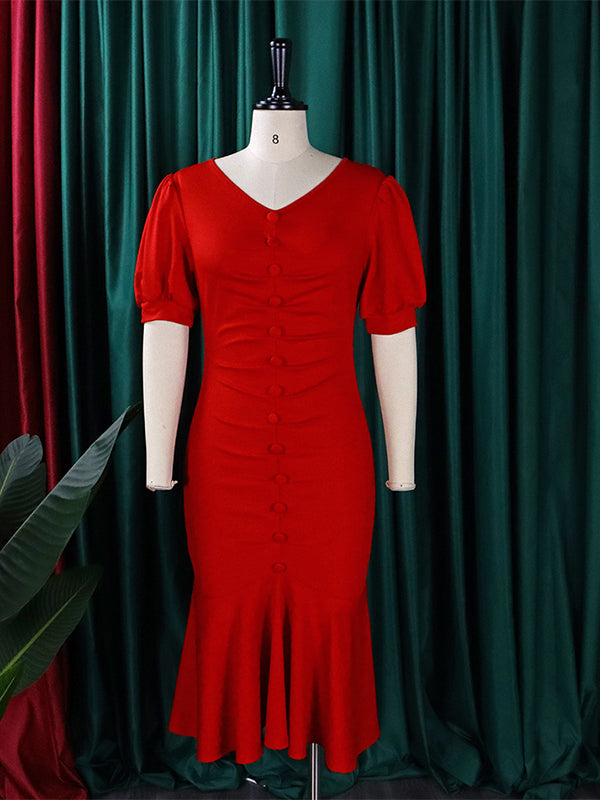Pleated Solid Color Zipper Bodycon Mermaid V-Neck Midi Dresses