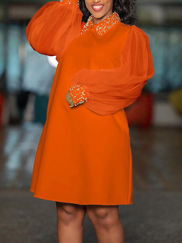 Beads Mesh Solid Color Split-Joint Puff Sleeves Round-neck Midi Dresses