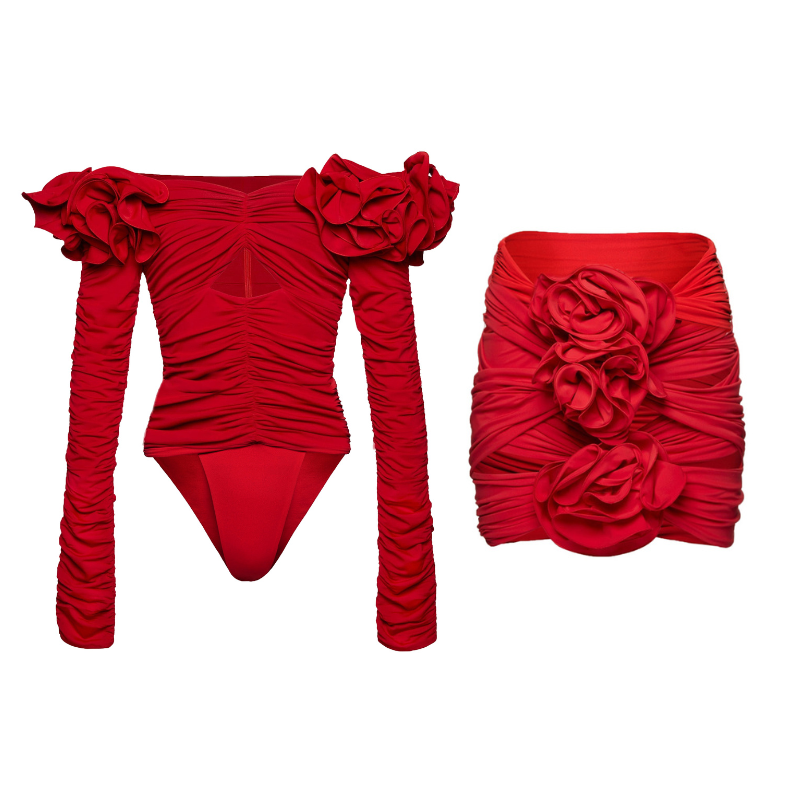 Flaxmaker Red Off Shoulder 3D Flower Long Sleeve One Piece Swimsuit and Skirt