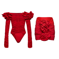 Flaxmaker Red Off Shoulder 3D Flower Long Sleeve One Piece Swimsuit and Skirt