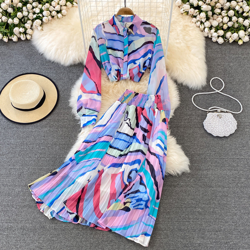 Printed Long Sleeve Shirt and Skirt Two Piece Set Flaxmaker