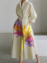 Floral Printed Pleated Split-Joint Tied Waist Long Sleeves Loose Lapel Shirt Dress Midi Dresses