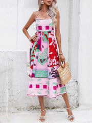 Pleated Printed Split-Joint High Waisted Sleeveless Collarless Slip Dress Midi Dresses