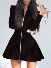 Pleated Split-Joint Zipper Long Sleeves Skinny Stand Collar Mini Dresses