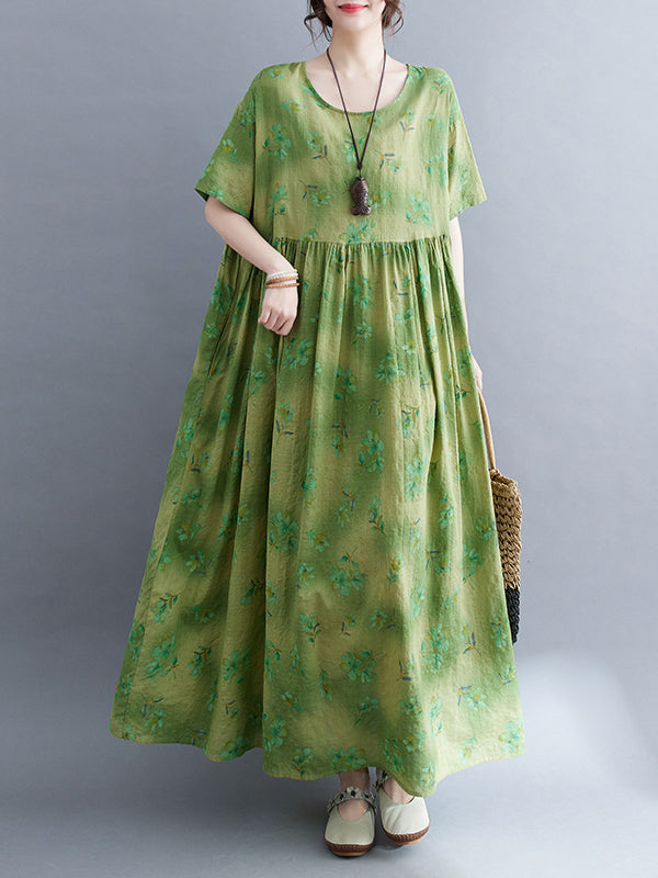 Floral Printed Loose Short Sleeves Round-Neck Midi Dresses