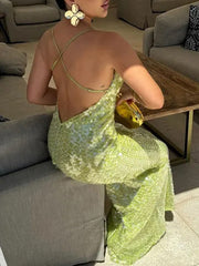Shiny Sequinned Spaghetti-Neck Backless Sexy Maxi Dresses