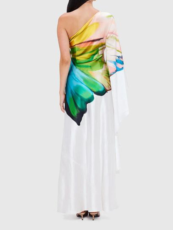 Asymmetric Flower Print Long Sleeves Loose One-shoulder Maxi Dresses