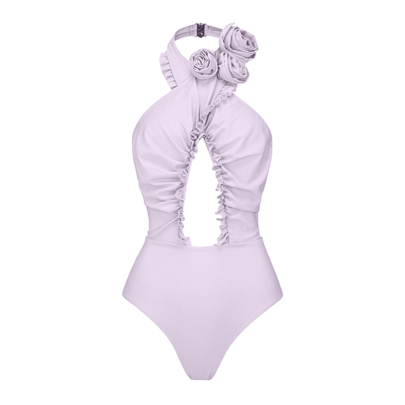 3D Flower Halter Backless One Piece Swimsuit and Sarong Flaxmaker