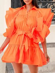 Buttoned Pleated Ruffled Solid Color Tied Waist A-Line High Waisted Lapel Mini Dresses