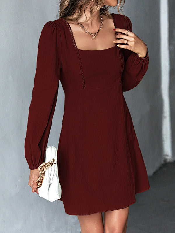 Solid Color Split-Joint A-Line High Waisted Square-Neck Mini Dresses