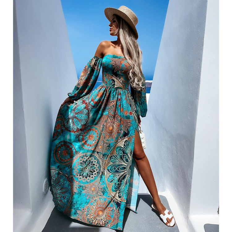 Off Shoulder Paisley  Printed Maxi Dress