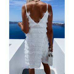 V Neck Sexy Fringed Slip Mini Dress