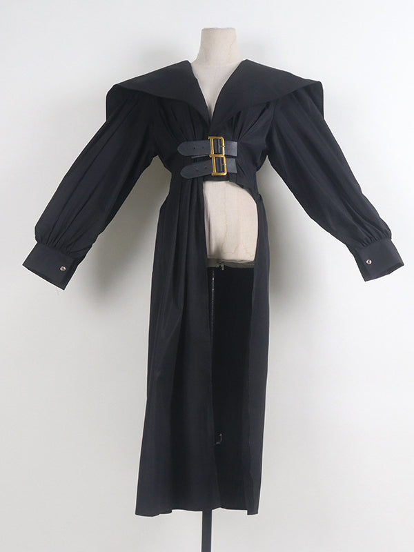 Asymmetric Belted Pleated Solid Color High Waisted Long Sleeves Lapel Midi Dresses