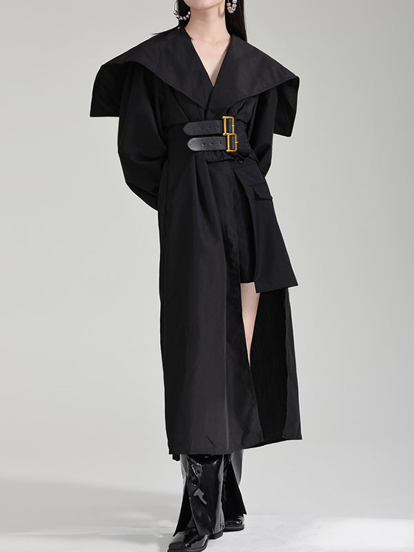 Asymmetric Belted Pleated Solid Color High Waisted Long Sleeves Lapel Midi Dresses