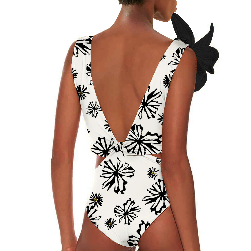 Flaxmaker Shoulder Flower Decor Printed One Piece Swimsuit and Sarong
