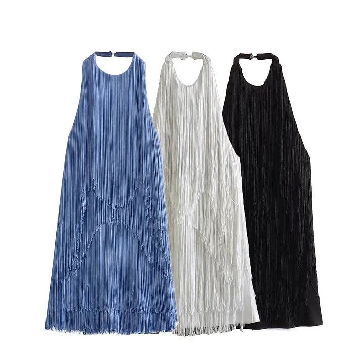 Halter Backless Fringe Mini Dress Flaxmaker