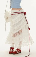 White Lace Layer Tulle Midi Skirt