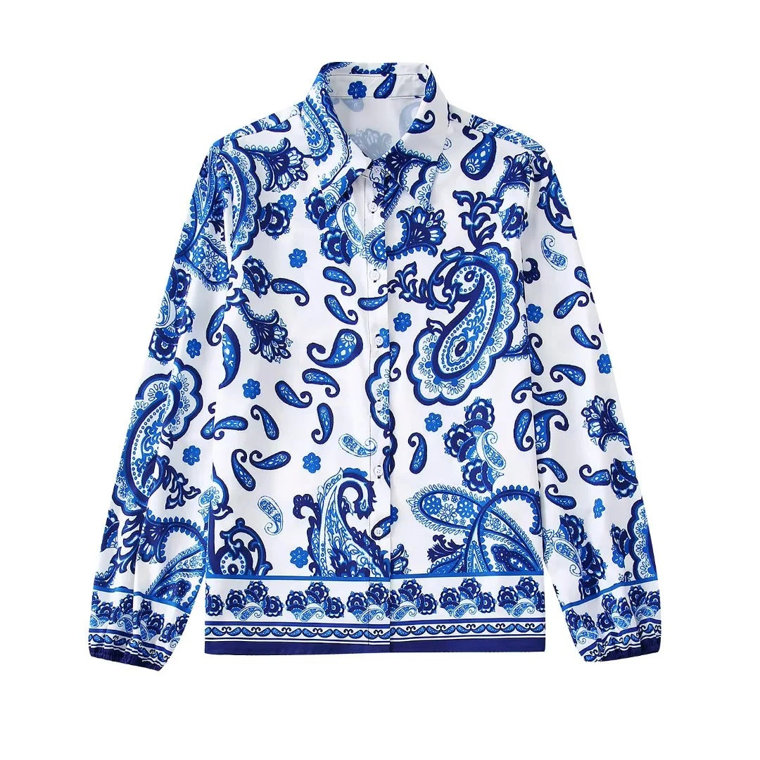 Flaxmaker Fashion Casual Blue and White Porcelain Prined  Two Piece Set