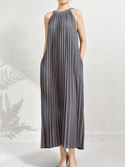 Hollow Pleated Pockets Solid Color Loose Sleeveless Halter-Neck Maxi Dresses