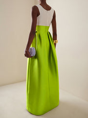 Contrast Color Pleated Zipper A-Line High Waisted Deep V-Neck Maxi Dresses