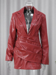 Elasticity Pleated Solid Color Split-Joint Bodycon Long Sleeves Deep V-Neck Mini Dresses