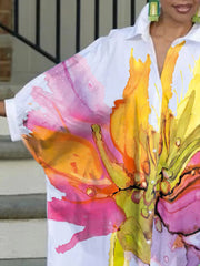 Half Sleeves Loose Buttoned Contrast Color Flower Print Lapel Midi Dresses Shirt Dress