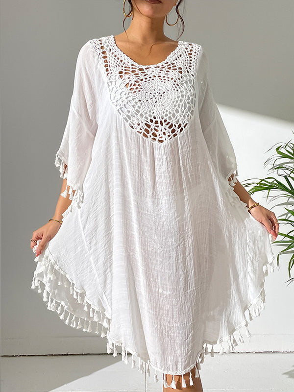 Hollow Solid Color Sun Protection Tasseled Batwing Sleeves Loose Round-Neck Midi Dresses Cover-Ups Tops