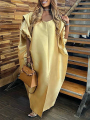Elasticity Pleated Solid Color Split-Front Half Sleeves Loose V-Neck Maxi Dresses