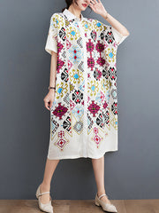 Ethnic Printed Loose Short Sleeves Lapel Midi Dresses