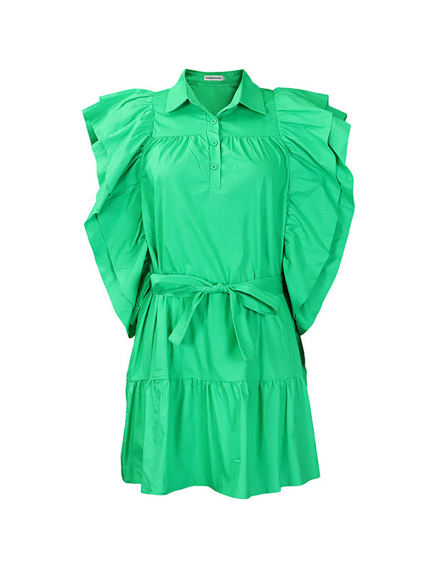 Buttoned Pleated Ruffled Solid Color Tied Waist A-Line High Waisted Lapel Mini Dresses
