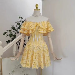 Double Ruffle Embroidery Hollow Out Mini Dress