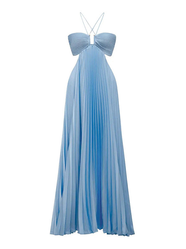 Solid Color Pleated Bandage Spaghetti-Neck Elegant Satin Maxi Dresses