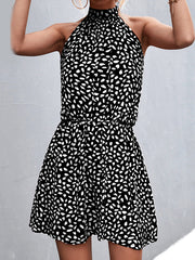 Elasticity Leaves Print Pleated A-Line High Waisted Halter-Neck Mini Dresses