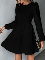 Backless Elasticity Hollow Pleated Solid Color Tied A-Line Bishop Sleeve Round-Neck Mini Dresses