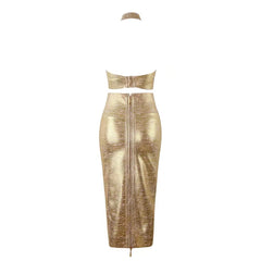 Gold Halter Bodycon Two-Piece Midi Dress Flaxmaker