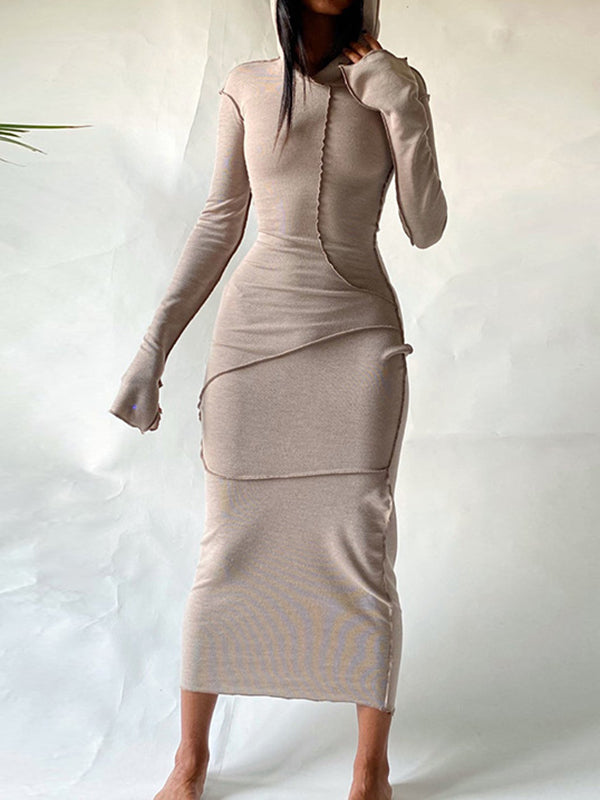 Solid Color Split-Joint Long Sleeves Plus Size Hooded Maxi Dresses