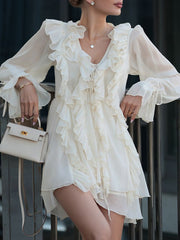 Ruffle Trim Solid Color Tied A-Line High Waisted V-Neck Mini Dresses