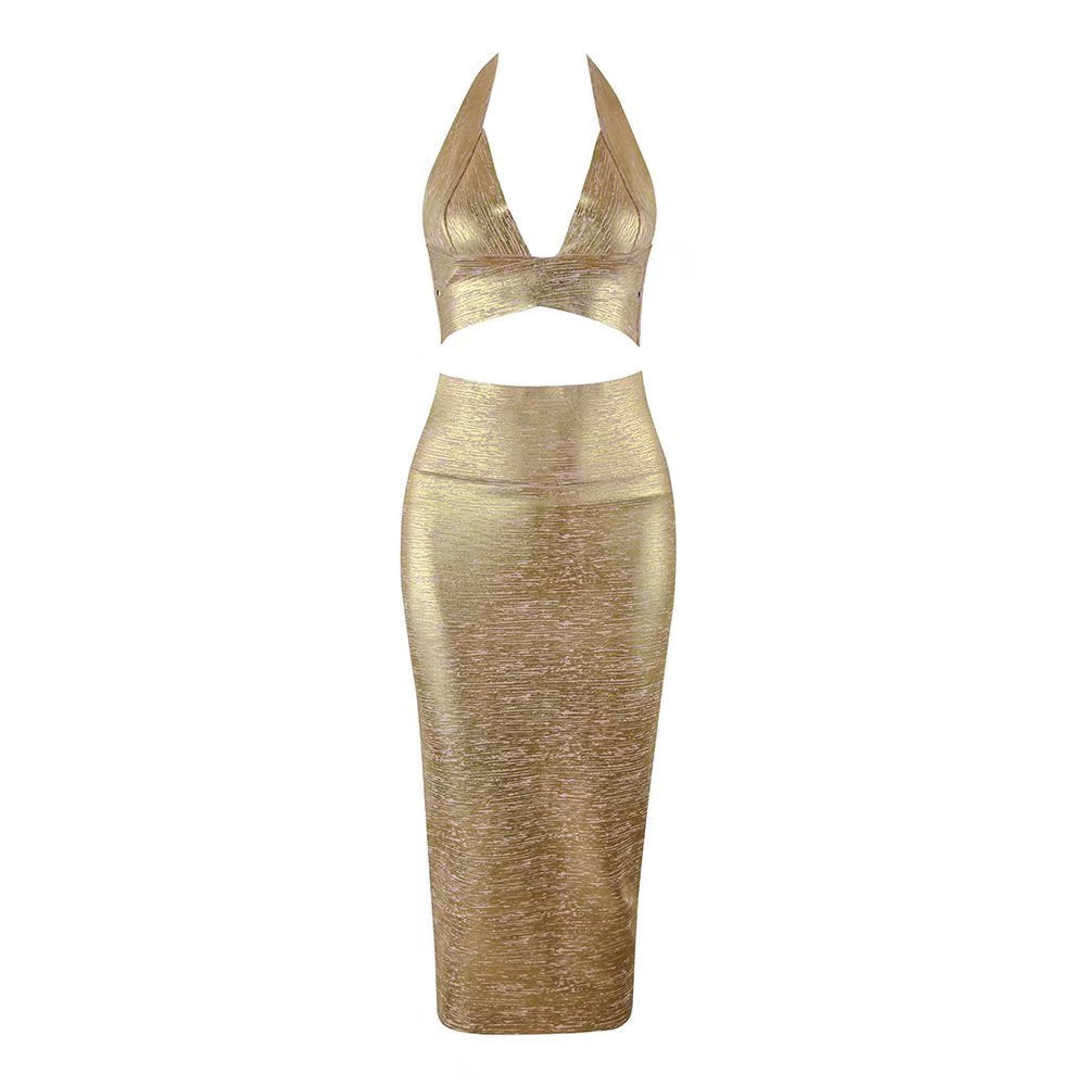Gold Halter Bodycon Two-Piece Midi Dress Flaxmaker