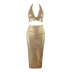 Gold Halter Bodycon Two-Piece Midi Dress Flaxmaker