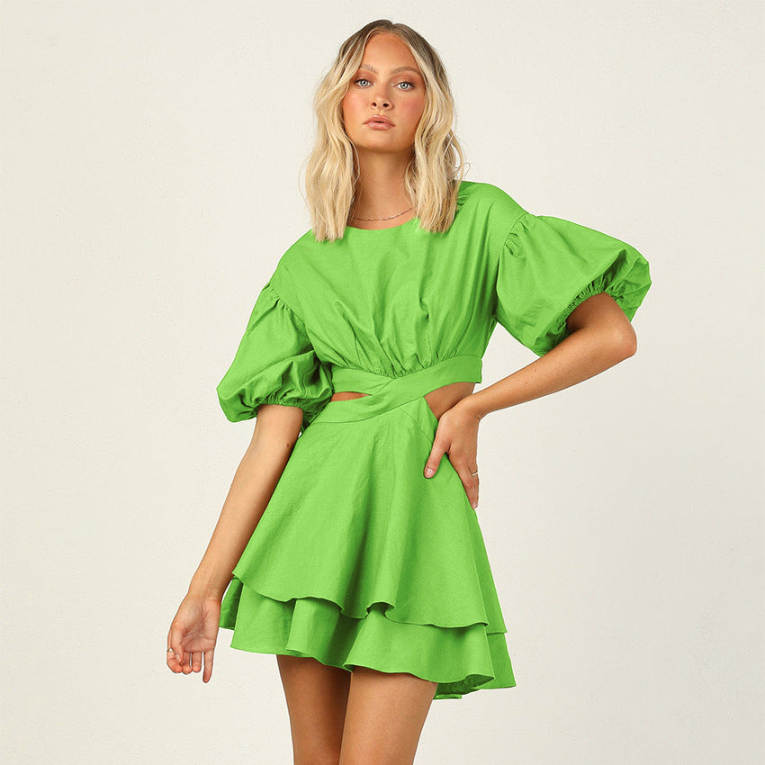 Puff Sleeve Cutout Solid Color Dress