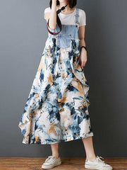 Flower Print Pockets Split-Joint Loose Plus Size Spaghetti-Neck Suspender Dress Maxi Dresses