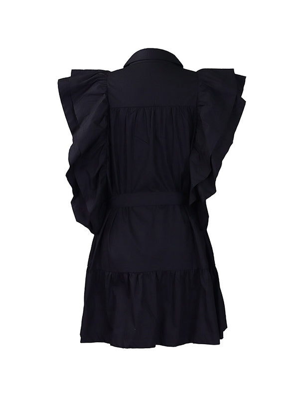 Buttoned Pleated Ruffled Solid Color Tied Waist A-Line High Waisted Lapel Mini Dresses