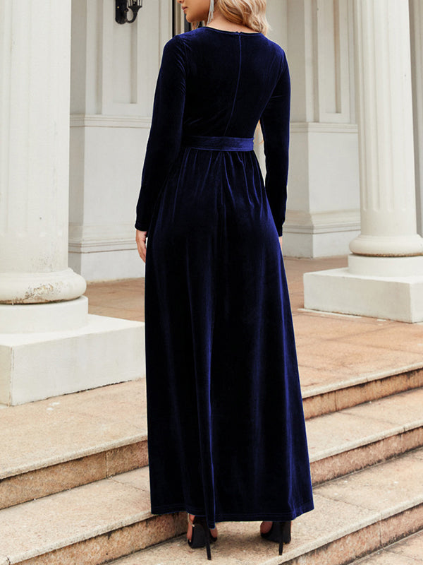Belted Pleated Solid Color Zipper Long Sleeves Wrap Round-Neck Maxi Dresses