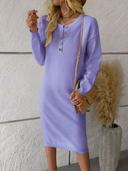Buttoned Long Sleeves Loose Round-Neck Sweater Dresses Midi Dresses