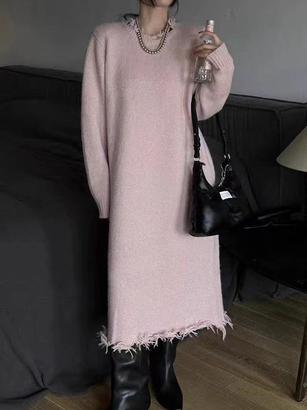 Fringed Solid Color High Waisted Long Sleeves Round-Neck Sweater Dresses Midi Dresses