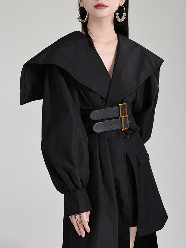 Asymmetric Belted Pleated Solid Color High Waisted Long Sleeves Lapel Midi Dresses