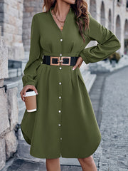 Buttoned No Belt Pleated Solid Color Long Sleeves Loose V-neck Shirt Dress Midi Dresses