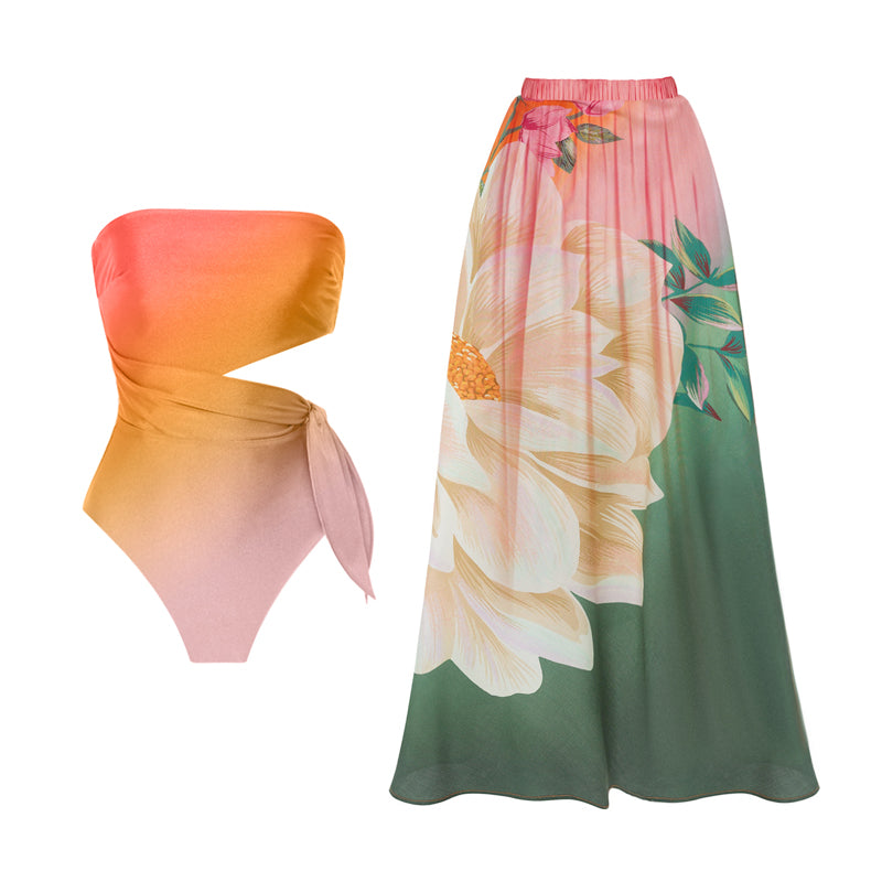 Gradient Bandeau Cut Out One Piece Swimsuit and Cover Up