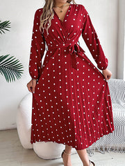 Elasticity Pleated Polka-Dot Split-Joint Tied Waist A-Line High Waisted V-Neck Shirt Dress Midi Dresses